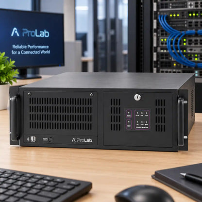 ProLab PL-4U-610-IC 4U rackmount server chassis for ATX systems placed on workstation desk with server rack background -tpstech.in