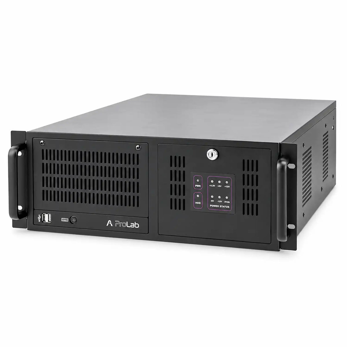 Front left angled view of ProLab PL-4U-610-IC 4U rackmount server chassis with front I/O ports and LED indicators -tpstech.in