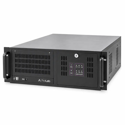 Front left angled view of ProLab PL-4U-610-IC 4U rackmount server chassis with front I/O ports and LED indicators -tpstech.in