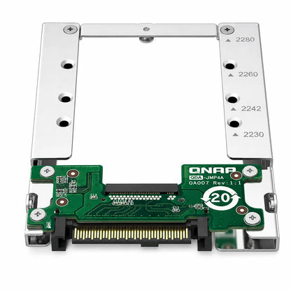 QNAP QDA UMP4A M.2 PCIe NVMe to U.2 NVMe SSD Adapter front view with PCB and mounting bracket -tpstech.in