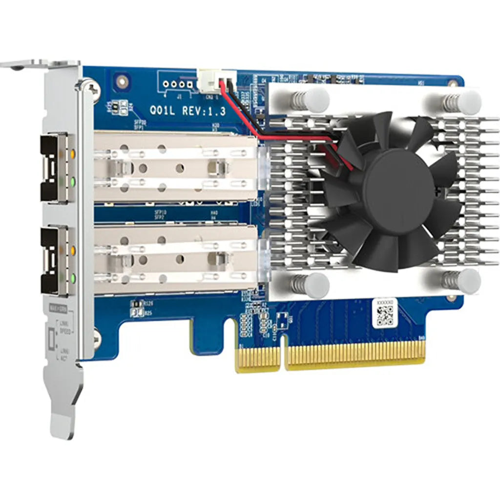 QNAP QXG-10G2SF-NXE dual-port 10GbE SFP+ PCIe network expansion card perspective view with cooling fan -tpstech.in