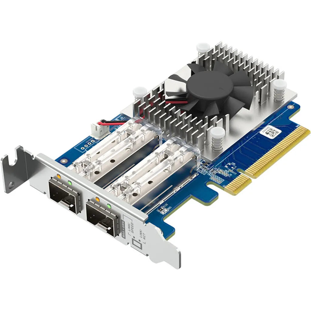 QNAP QXG-10G2SF-NXE dual-port 10GbE SFP+ PCIe network card angled view showing heatsink and cooling fan -tpstech.in