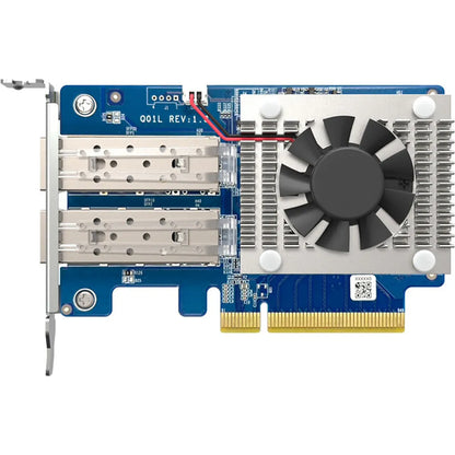 QNAP QXG-10G2SF-NXE dual-port 10GbE SFP+ PCIe network expansion card front view with active cooling fan -tpstech.in