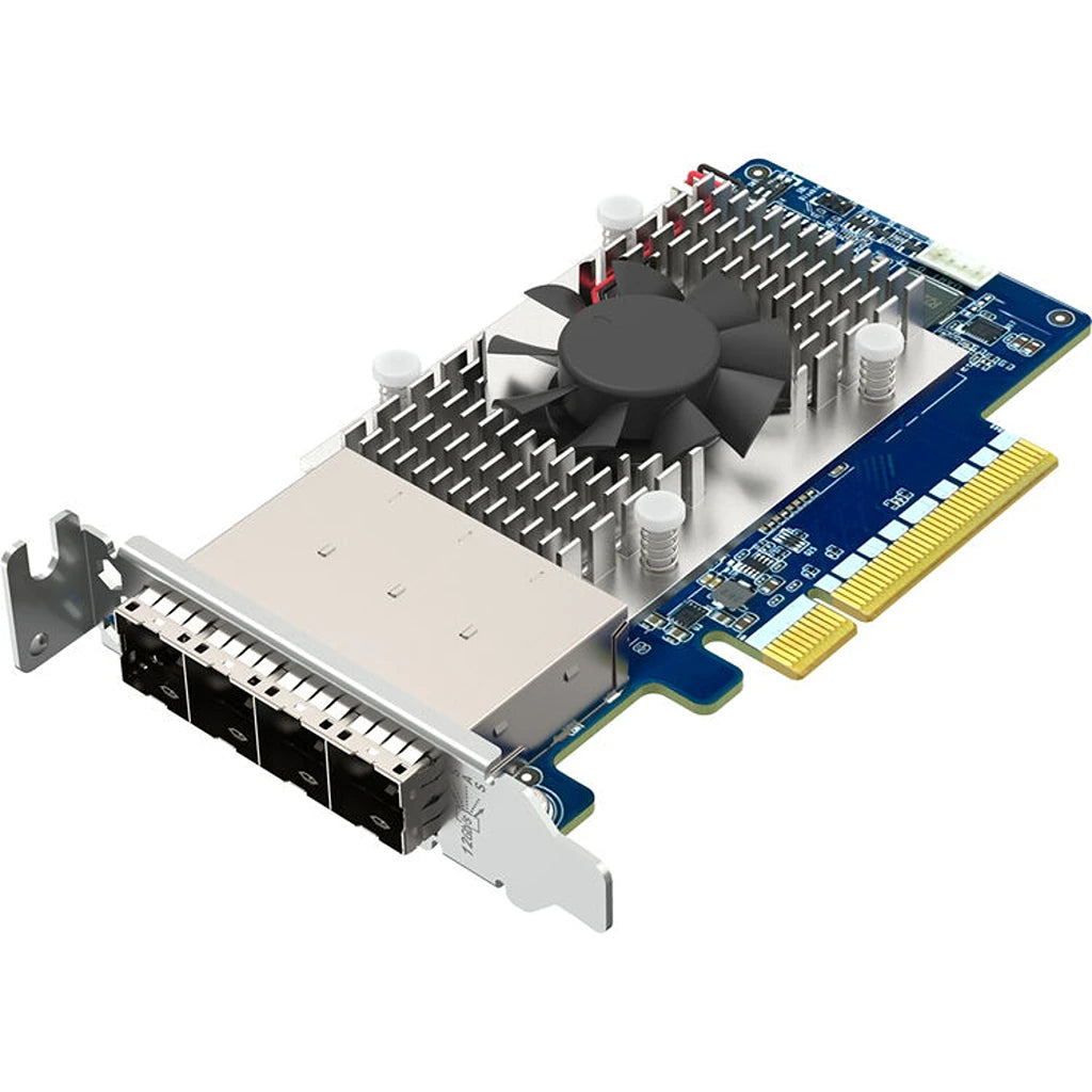 QNAP QXP-1630S-3816 PCIe Gen4 12Gb SAS expansion card angled view with cooling heatsink and four external SAS ports -tpstech.in