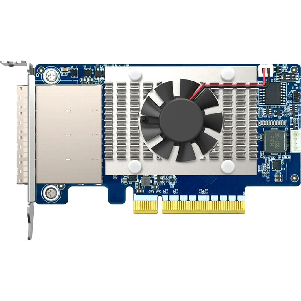 QNAP QXP-1630S-3816 PCIe Gen4 SAS storage expansion card top view featuring active cooling fan and heatsink -tpstech.in