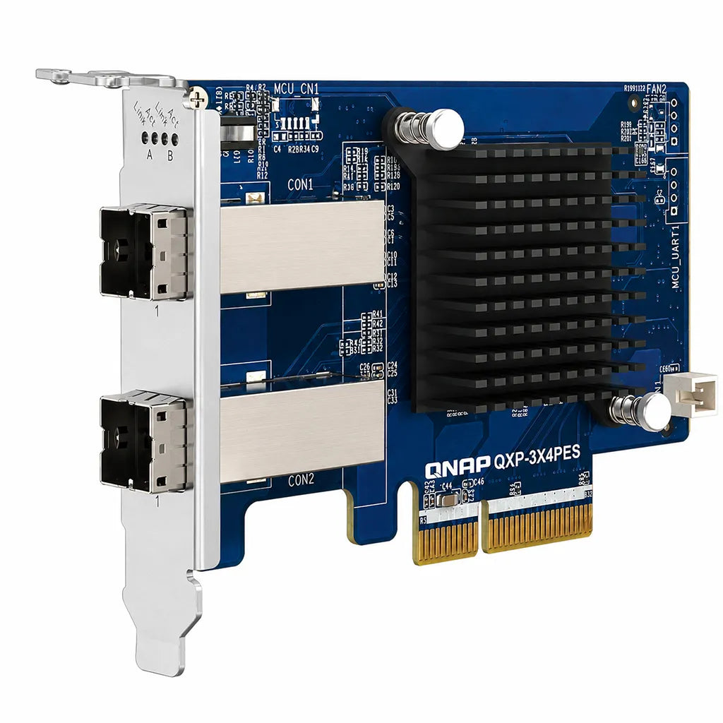 QNAP QXP-3X4PES PCIe Gen3 x4 expansion card angled front view showing dual SFF-8644 connectors and cooling heatsink -tpstech.in