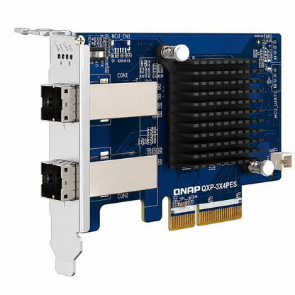 QNAP QXP-3X4PES PCIe Gen3 x4 expansion card angled front view showing dual SFF-8644 connectors and cooling heatsink -tpstech.in