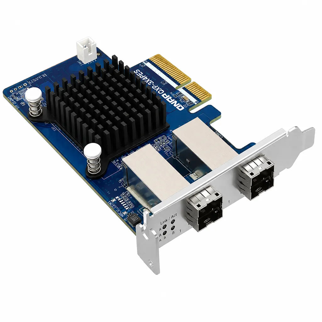 QNAP QXP-3X4PES PCIe Gen3 x4 NAS expansion card rear angle view featuring heatsink and dual SFF-8644 connectors -tpstech.in