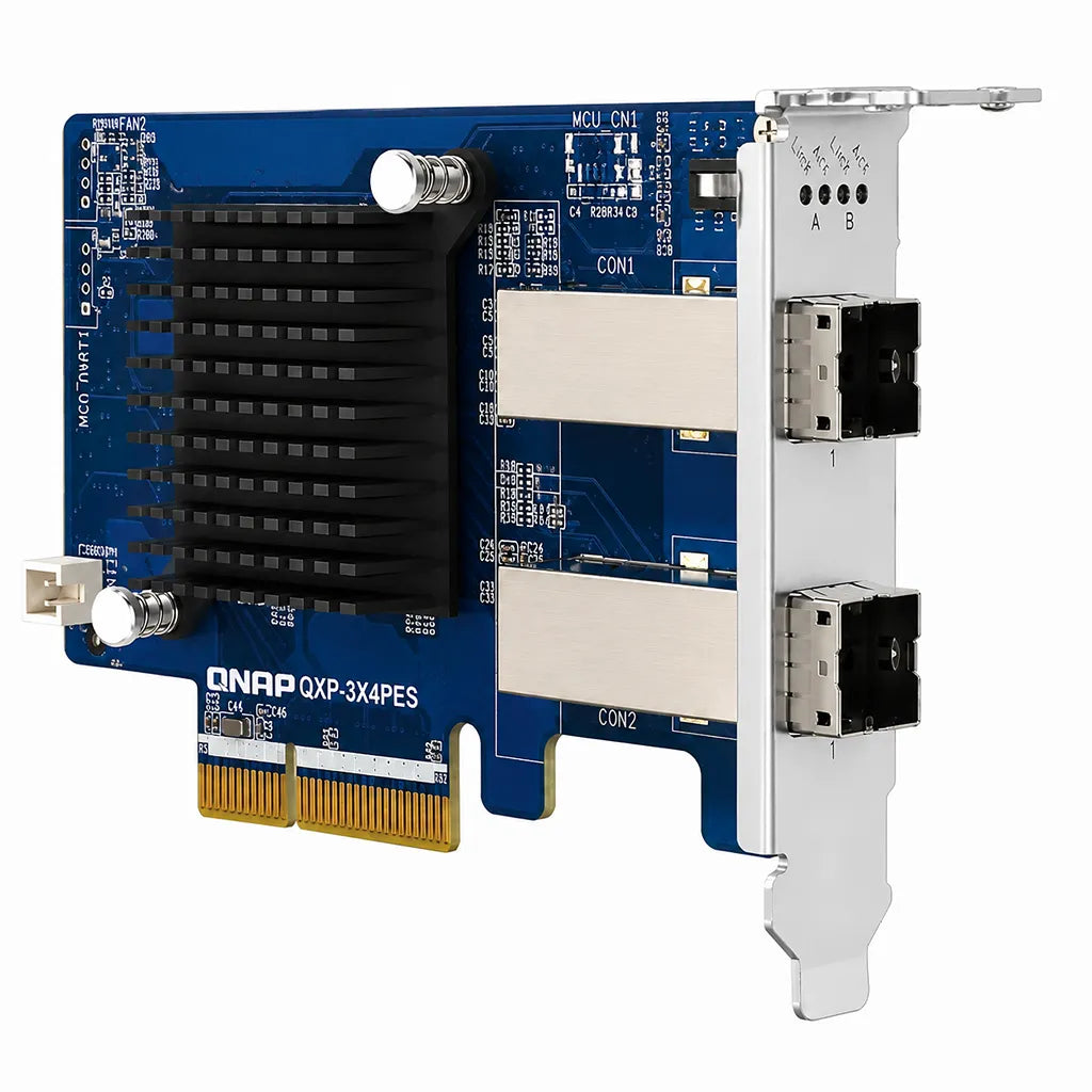 QNAP QXP-3X4PES PCIe Gen3 x4 NAS expansion card front right angle view with dual SFF-8644 ports and aluminum heatsink -tpstech.in