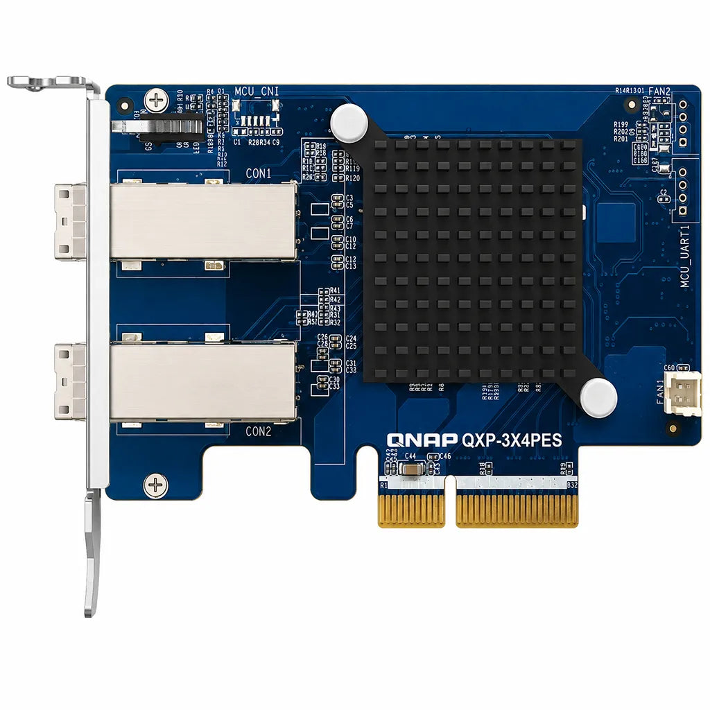 QNAP QXP-3X4PES PCIe Gen3 x4 NAS storage expansion card front view with dual SFF-8644 ports and heatsink -tpstech.in