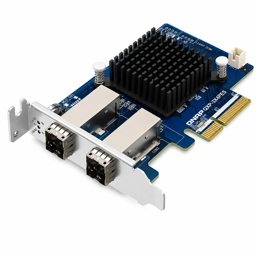 QNAP QXP-3X4PES PCIe Gen3 x4 NAS storage expansion card top angle view with dual external SFF-8644 ports -tpstech.in