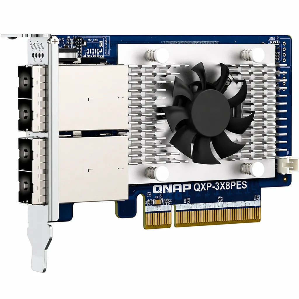 QNAP QXP-3X8PES PCIe Gen3 x8 storage expansion card front view with heatsink cooling fan and dual SFF-8644 ports -tpstech.in