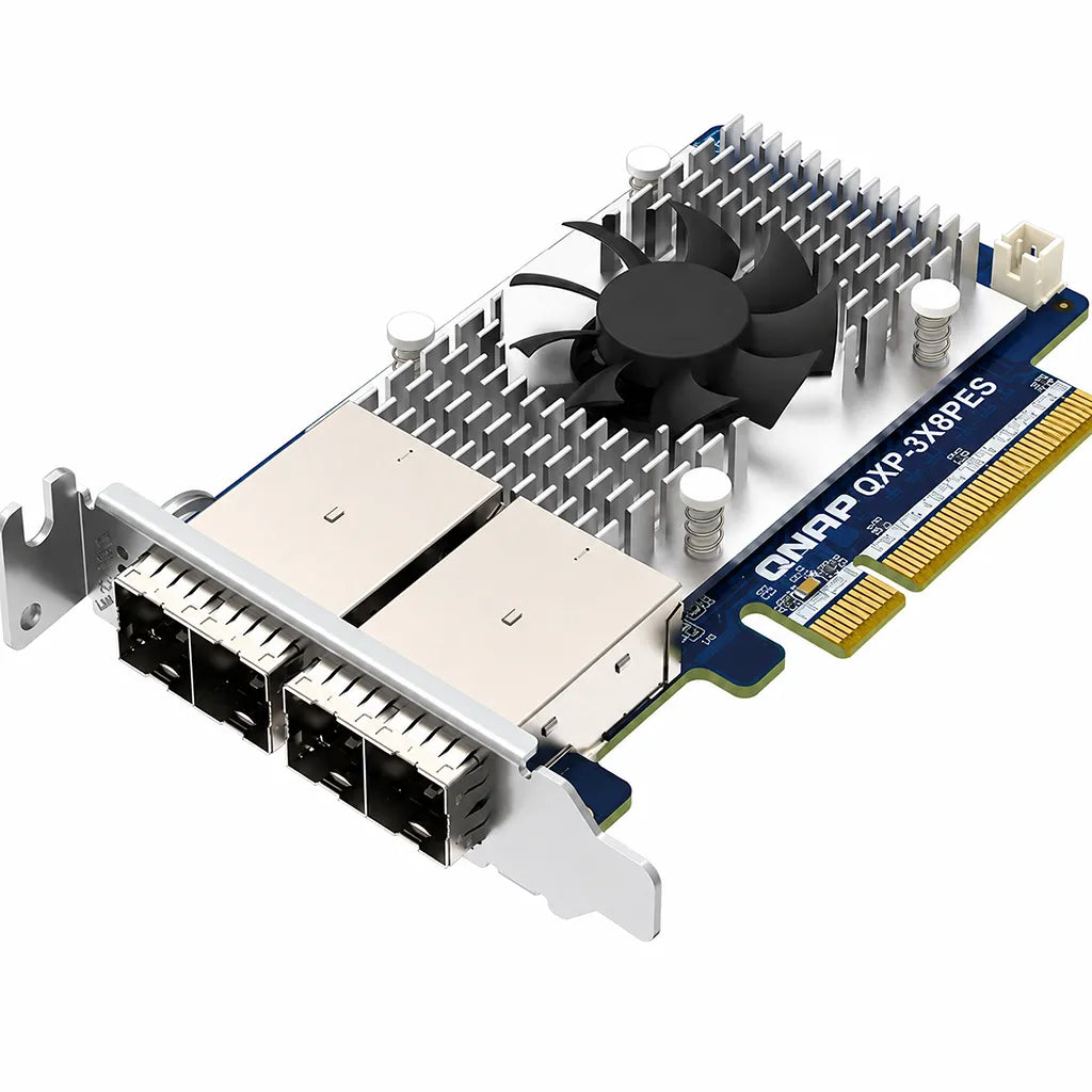 QNAP QXP-3X8PES PCIe Gen3 x8 storage expansion card with dual SFF-8644 ports perspective view for NAS storage expansion -tpstech.in