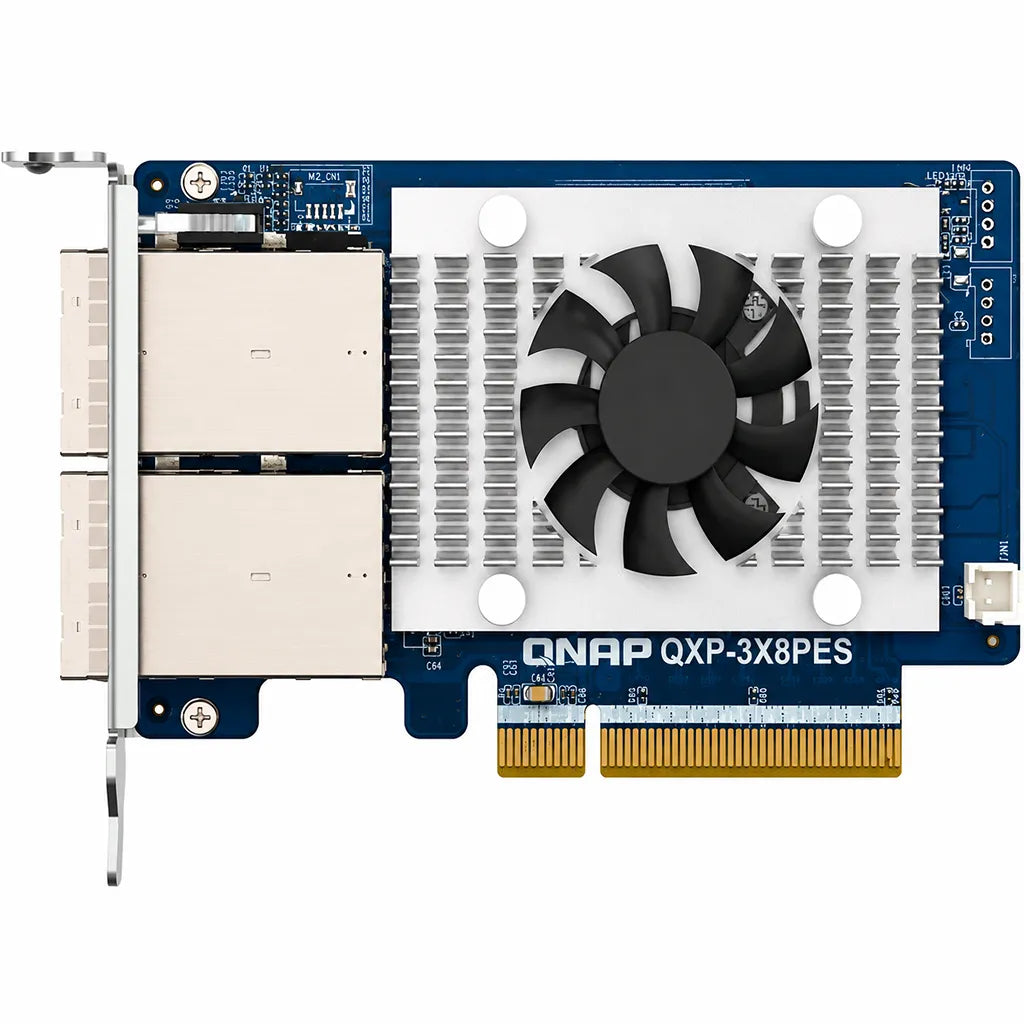 QNAP QXP-3X8PES PCIe Gen3 x8 storage expansion card top view showing cooling fan and dual SFF-8644 ports -tpstech.in