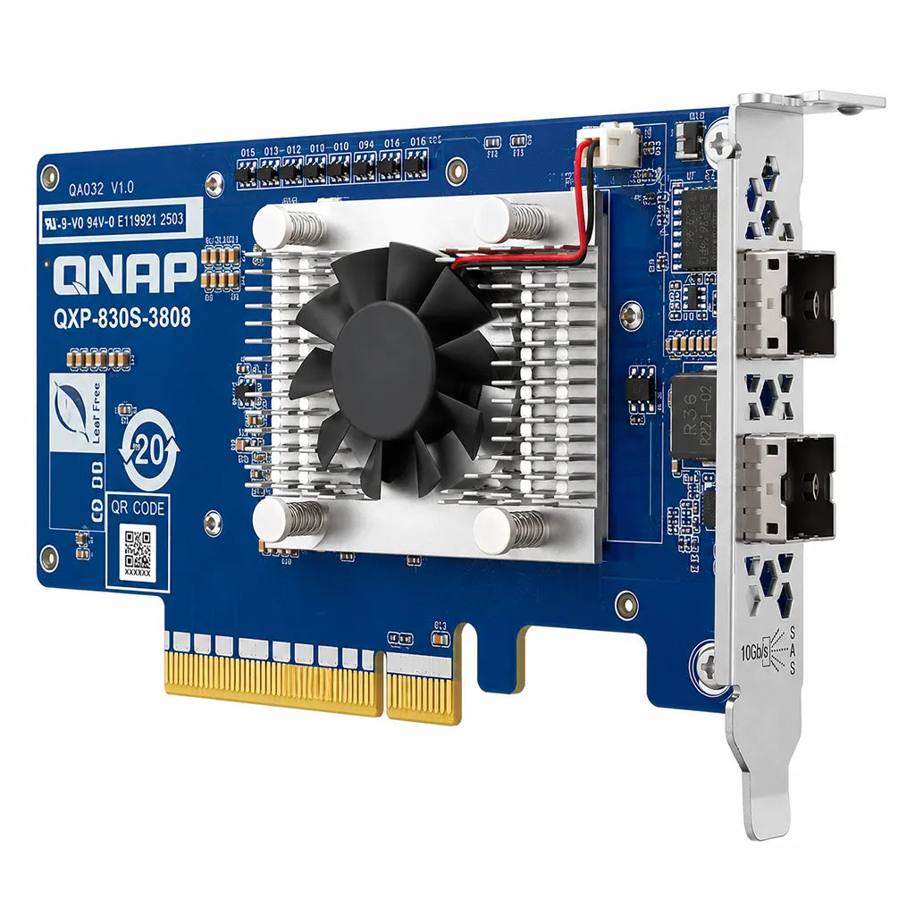 QNAP QXP-830S-3808 PCIe SAS HBA expansion card rear angled view with active cooling fan -tpstech.in