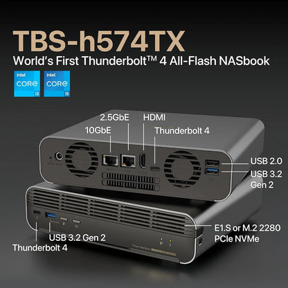 QNAP TBS-h574TX-i5-16G showing Thunderbolt 4, 10GbE, 2.5GbE, HDMI and USB ports -tpstech.in