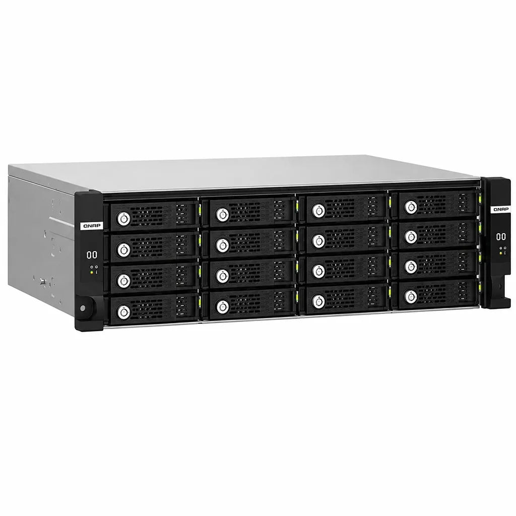 QNAP TL-R1620Sep-RP 3U 16-Bay SAS 12Gbps JBOD Expansion Enclosure front left angle view with hot-swappable drive bays and DataBolt Technology - tpstech.in