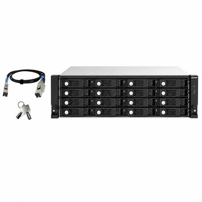 QNAP TL-R1620Sep-RP 3U 16-Bay SAS 12Gbps JBOD Expansion Enclosure front view with Mini SAS cable and keys featuring Multipath Routing and DataBolt Technology - tpstech.in