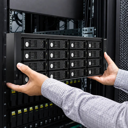 QNAP TL-R1620Sep-RP 3U 16-Bay SAS 12Gbps JBOD Expansion Enclosure installed in a server rack with Multipath Routing and DataBolt Technology - tpstech.in