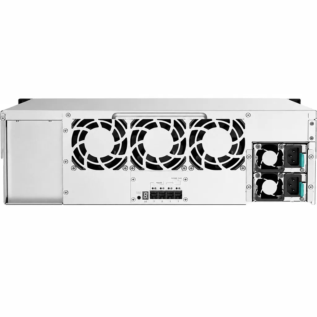 QNAP TL-R1620Sep-RP 3U 16-Bay SAS 12Gbps JBOD Expansion Enclosure rear view showing cooling fans, redundant power supplies, and SAS connectivity - tpstech.in