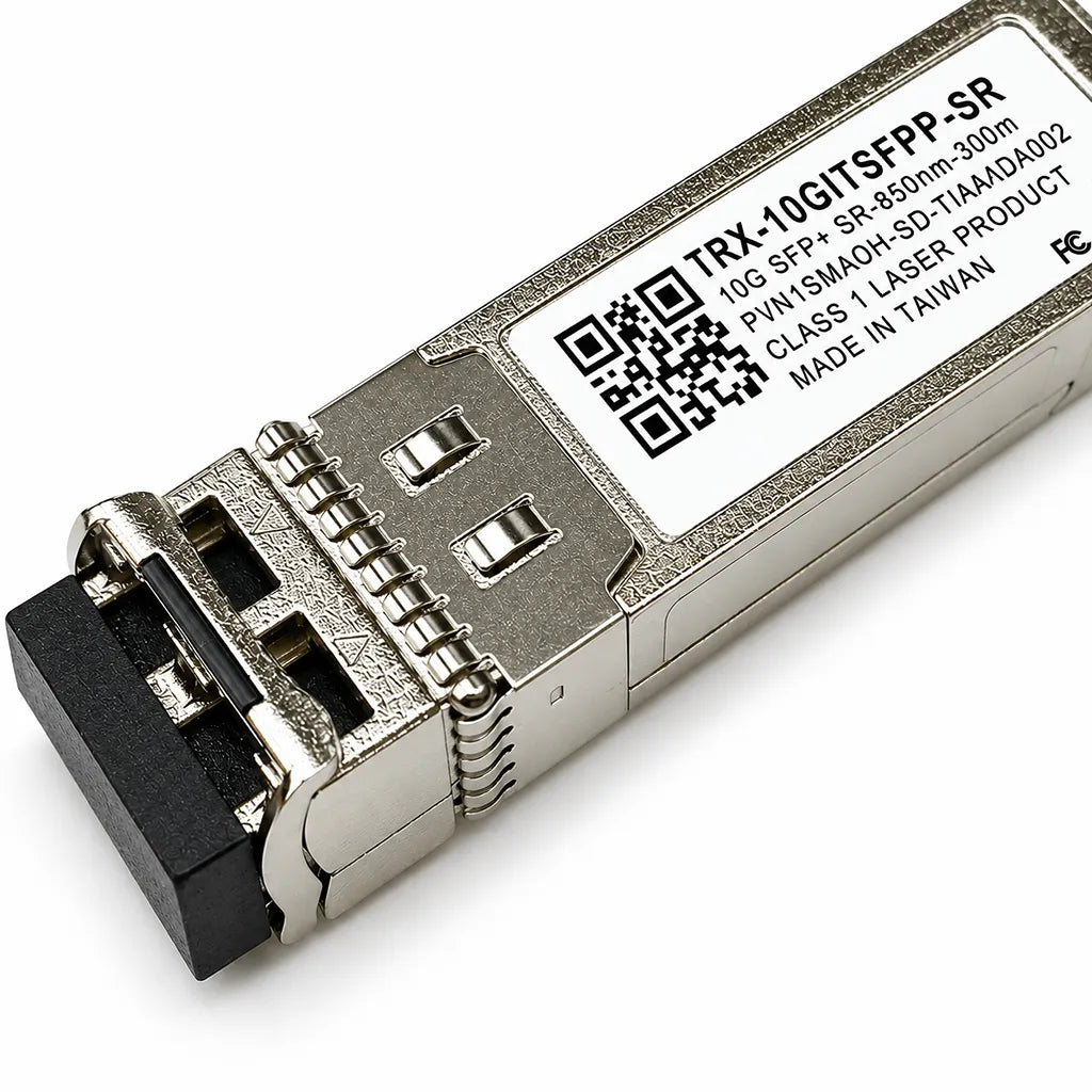 Close-up view of QNAP TRX-10GITSFPP-SR 10GbE SFP+ optical transceiver with metal housing and SFP+ interface -tpstech.in