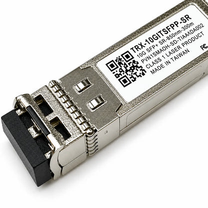 Close-up view of QNAP TRX-10GITSFPP-SR 10GbE SFP+ optical transceiver with metal housing and SFP+ interface -tpstech.in