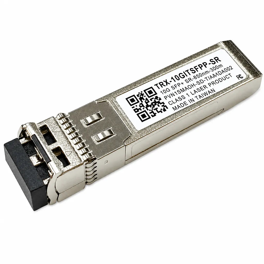 QNAP TRX-10GITSFPP-SR 10GbE SFP+ optical transceiver front left angle view for multimode fiber networking -tpstech.in