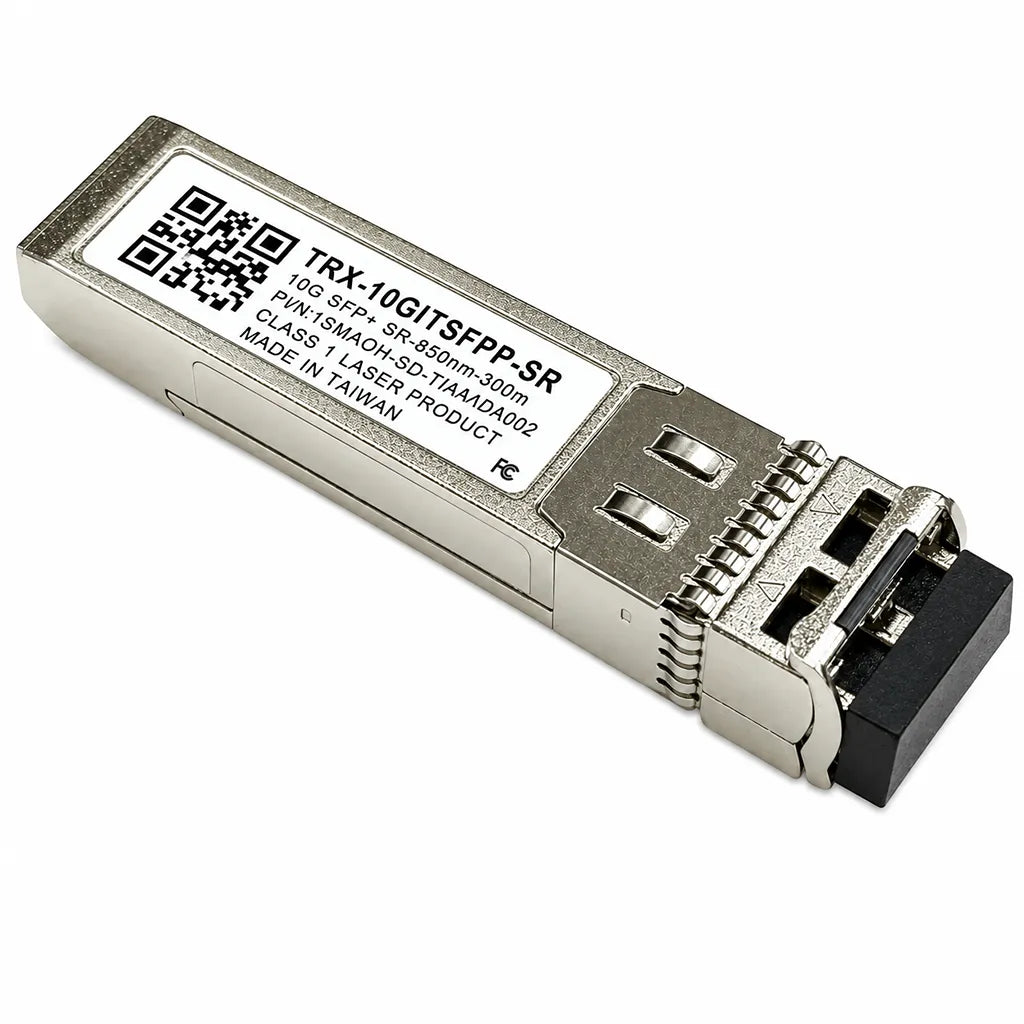 QNAP TRX-10GITSFPP-SR 10GbE SFP+ optical transceiver front right angle view with SFP+ connector -tpstech.in