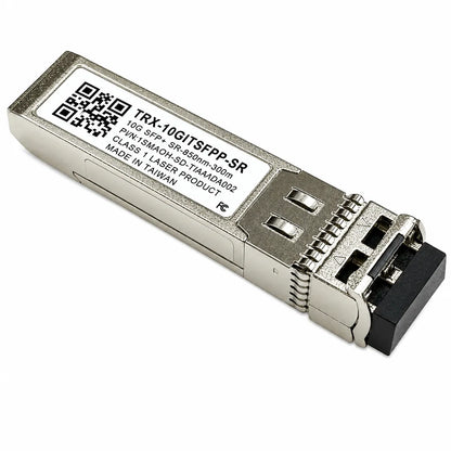 QNAP TRX-10GITSFPP-SR 10GbE SFP+ optical transceiver front right angle view with SFP+ connector -tpstech.in