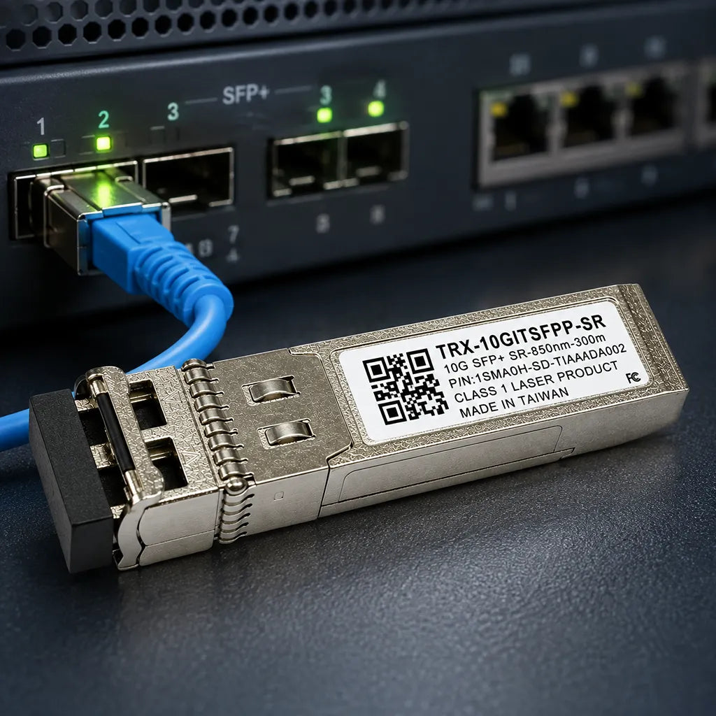QNAP TRX-10GITSFPP-SR 10GbE SFP+ optical transceiver installed with compatible network switch for high-speed fiber connectivity -tpstech.in
