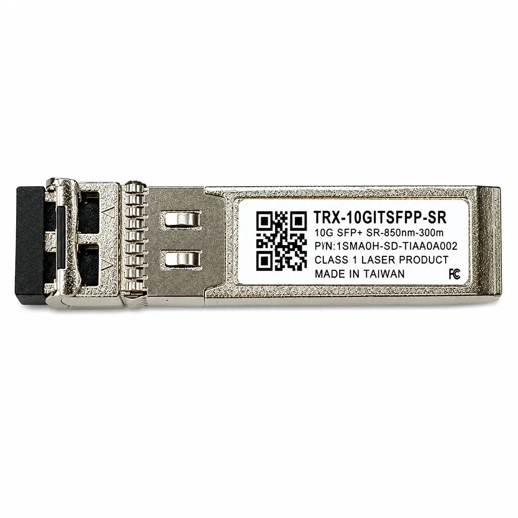QNAP TRX-10GITSFPP-SR 10GbE SFP+ optical transceiver top view showing product label and specifications -tpstech.in