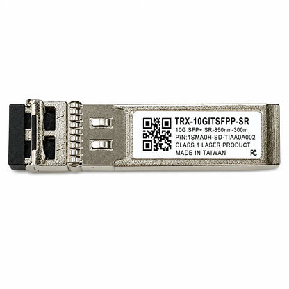 QNAP TRX-10GITSFPP-SR 10GbE SFP+ optical transceiver top view showing product label and specifications -tpstech.in