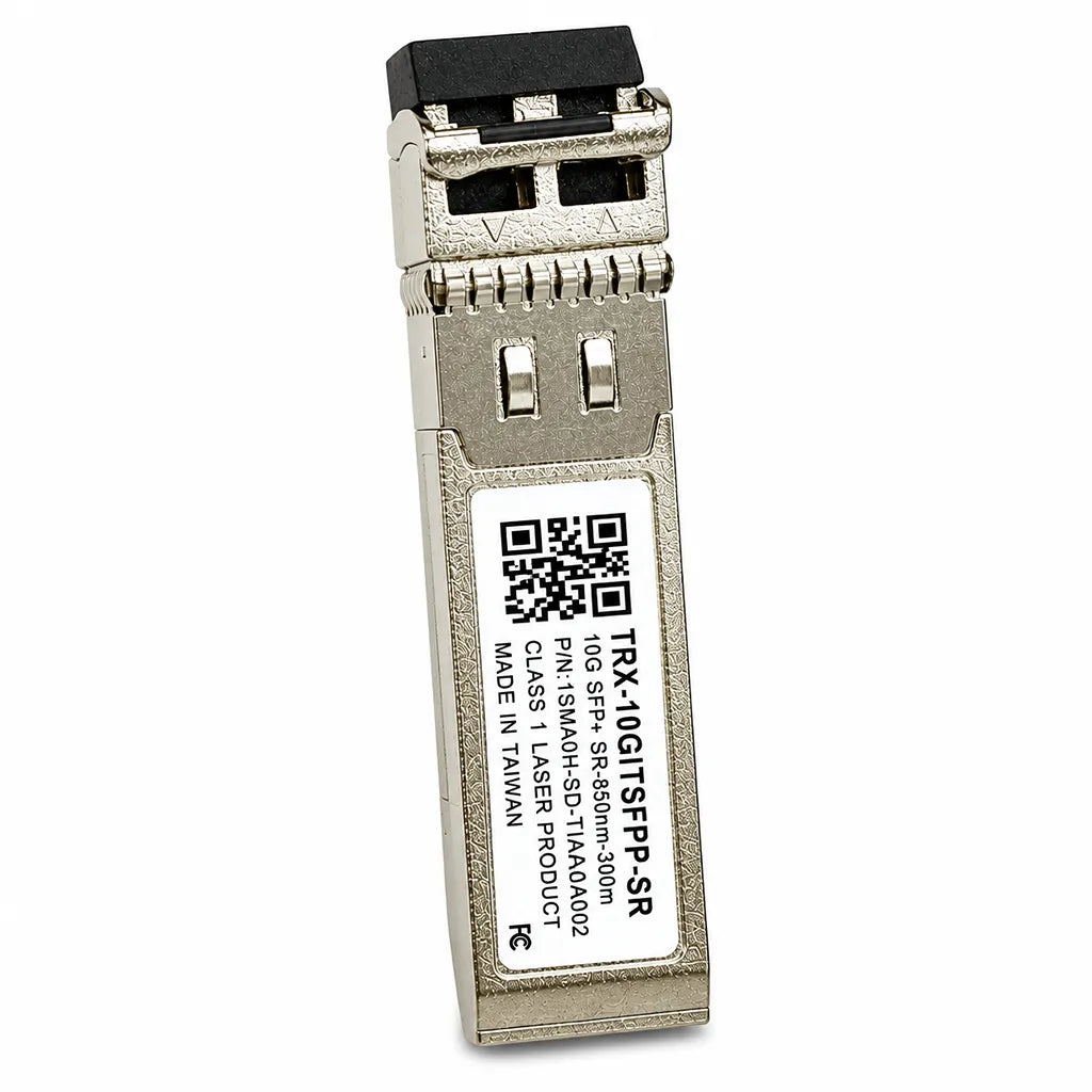 QNAP TRX-10GITSFPP-SR 10GbE SFP+ optical transceiver vertical product view for enterprise networking -tpstech.in