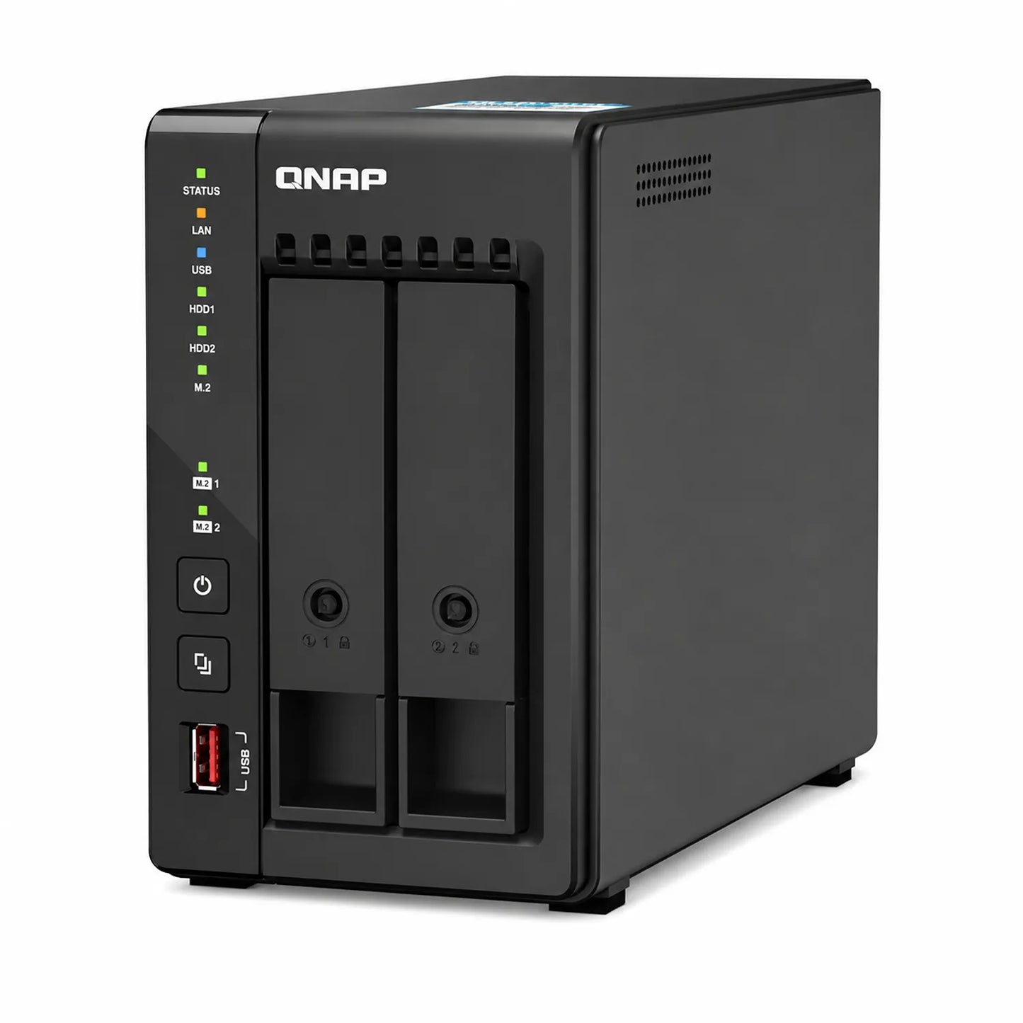 QNAP TS-253E-8G 2 Bay NAS front right view showing dual drive bays, status indicators, USB port and ventilated side panel - tpstech.in
