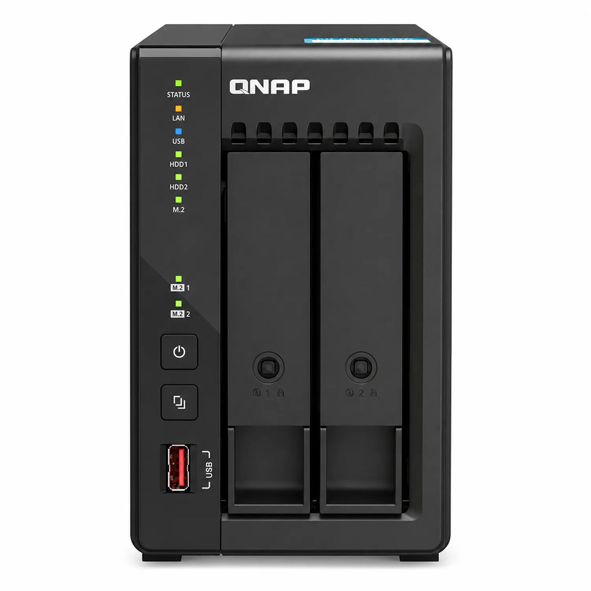 QNAP TS-253E-8G 2 Bay Desktop Network Attached Storage front view with QNAP logo, dual drive bays, status LEDs and USB port - tpstech.in
