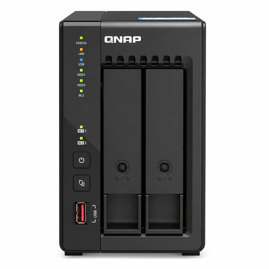 QNAP TS-253E-8G 2 Bay Desktop Network Attached Storage front view with QNAP logo, dual drive bays, status LEDs and USB port - tpstech.in