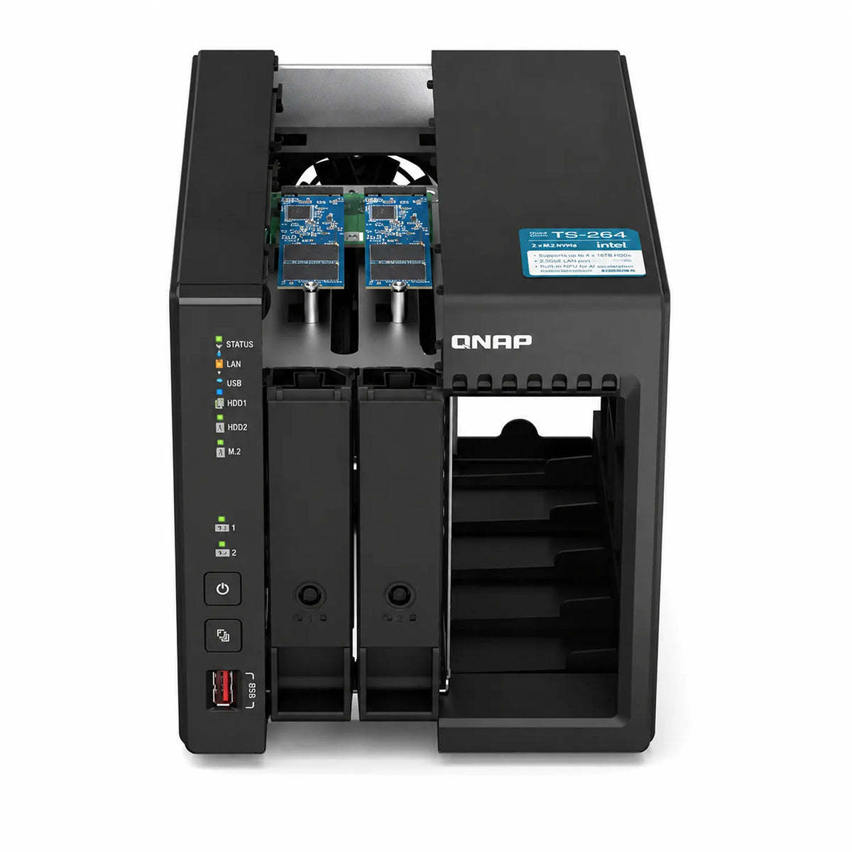 QNAP TS-253E-8G 2 Bay Network Attached Storage internal view showing drive bays, M.2 slots, cooling fan and QNAP hardware - tpstech.in