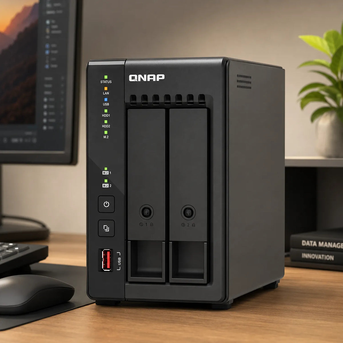 QNAP TS-253E-8G 2 Bay NAS in a modern desktop office setup showing dual drive bays, status LEDs, USB port and ventilated side panel - tpstech.in