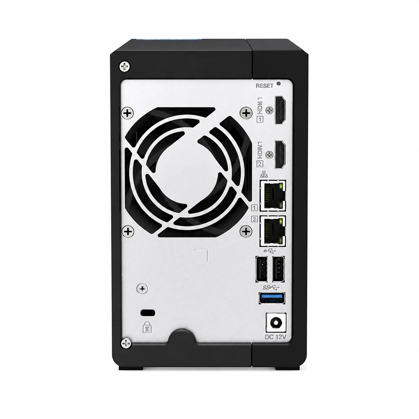 QNAP TS-253E-8G 2 Bay NAS rear view showing cooling fan, HDMI ports, Ethernet ports, USB ports and DC 12V input - tpstech.in