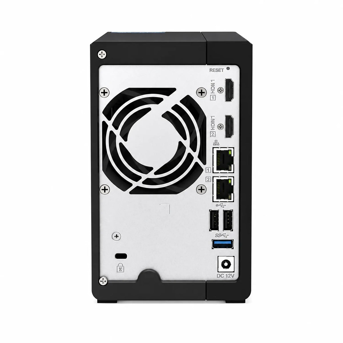 QNAP TS-253E-8G 2 Bay NAS rear view showing cooling fan, HDMI ports, Ethernet ports, USB ports and DC 12V input - tpstech.in