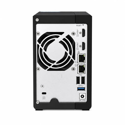 QNAP TS-253E-8G 2 Bay NAS rear view showing cooling fan, HDMI ports, Ethernet ports, USB ports and DC 12V input - tpstech.in