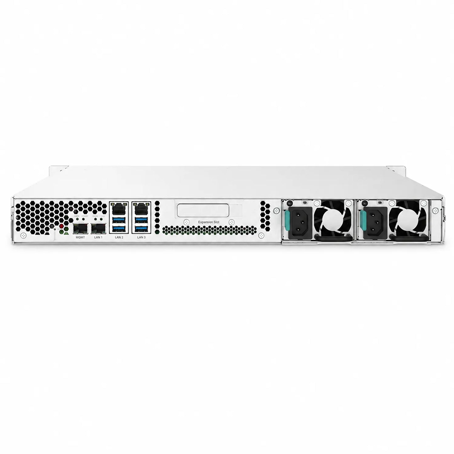 QNAP TS-432PXU-RP-2G 4 Bay High Speed Arm Based Rackmount NAS rear view showing ports, expansion slot, ventilation and dual power supplies -tpstech.in