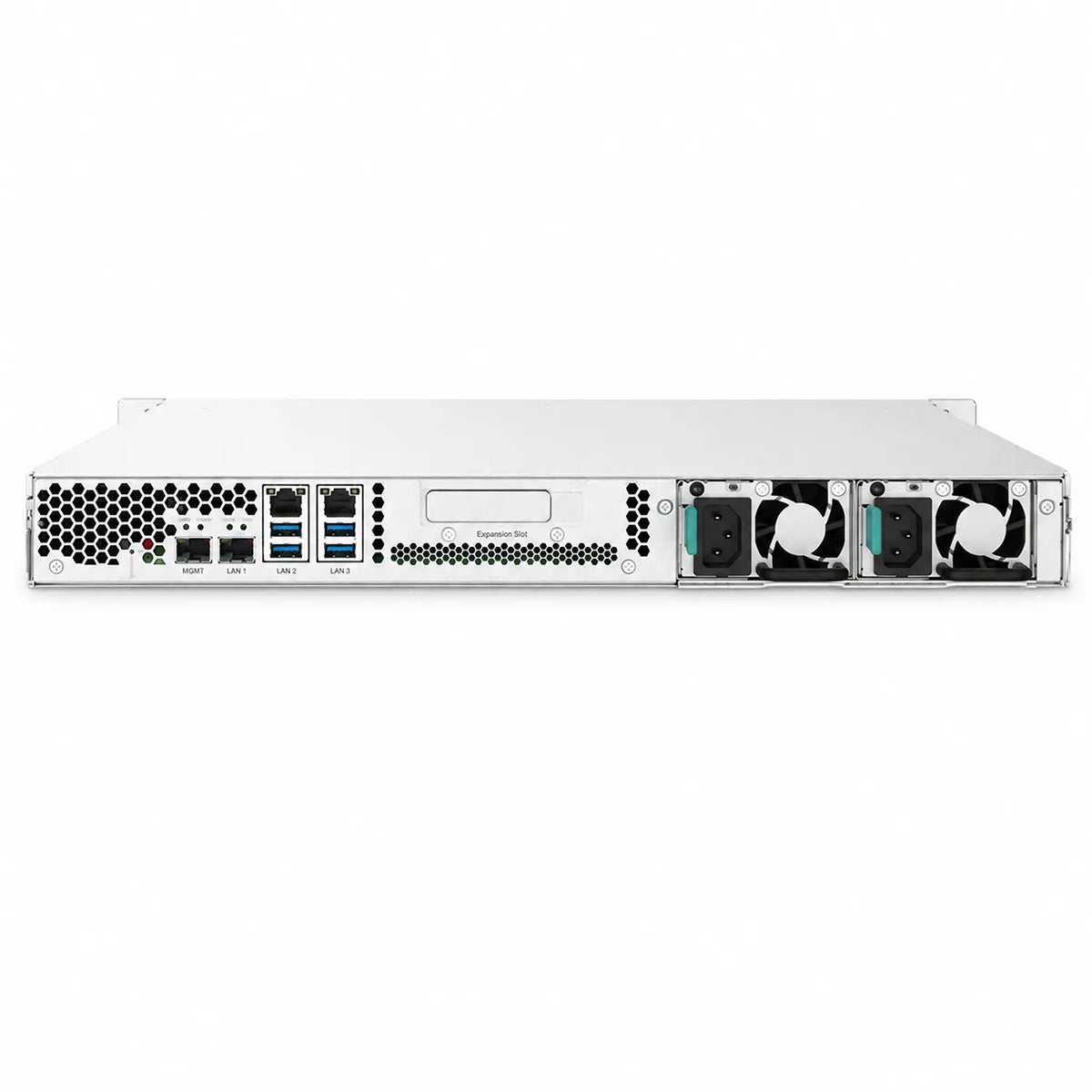 QNAP TS-432PXU-RP-2G 4 Bay High Speed Arm Based Rackmount NAS rear view showing ports, expansion slot, ventilation and dual power supplies -tpstech.in