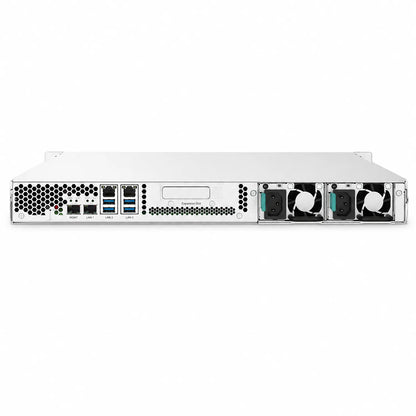 QNAP TS-432PXU-RP-2G 4 Bay High Speed Arm Based Rackmount NAS rear view showing ports, expansion slot, ventilation and dual power supplies -tpstech.in