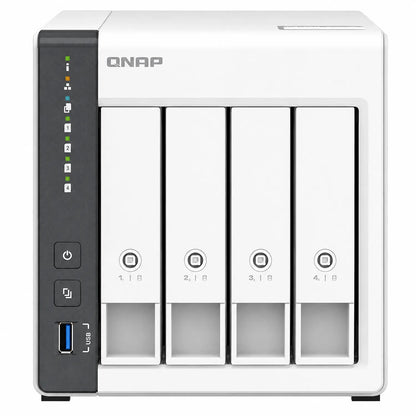 QNAP TS-433 Quad Core 4 Bay Network Attached Storage Enclosure in white, front view with four drive bays - tpstech.in