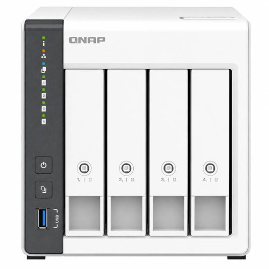 QNAP TS-433 Quad Core 4 Bay Network Attached Storage Enclosure in white, front view with four drive bays - tpstech.in