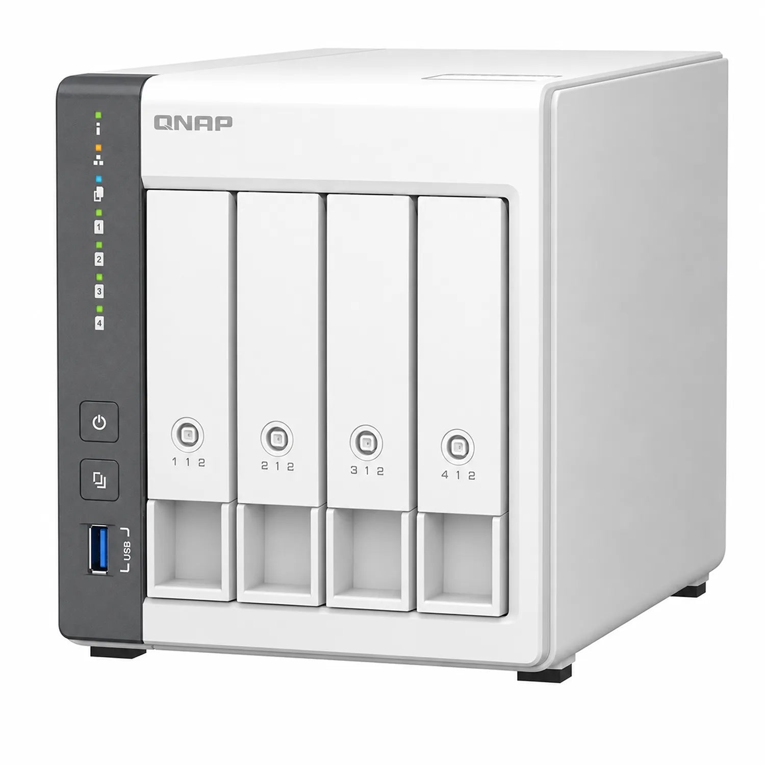 QNAP TS-433 Quad Core 4 Bay Network Attached Storage Enclosure in white, right angle view - tpstech.in