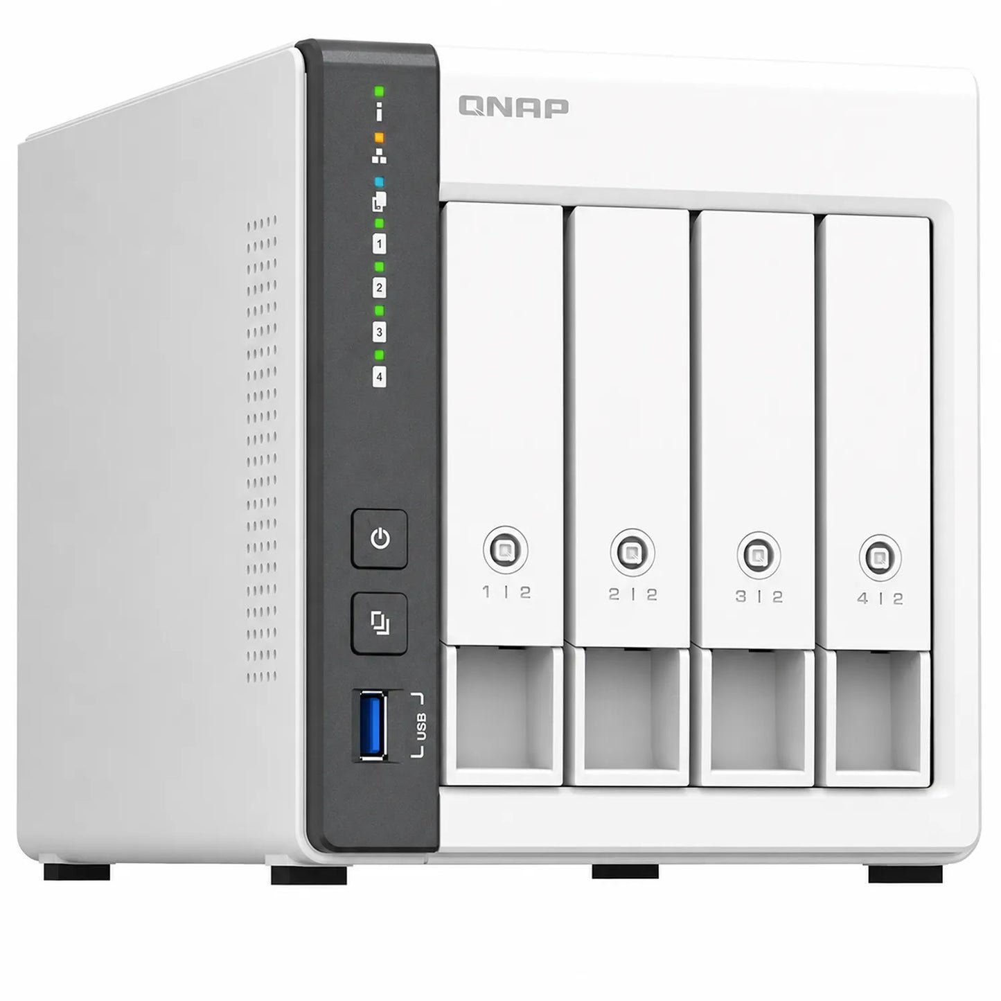 QNAP TS-433 Quad Core 4 Bay Network Attached Storage Enclosure in white, left angle view with four drive bays - tpstech.in