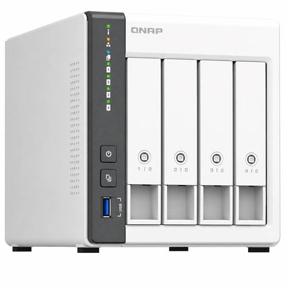 QNAP TS-433 Quad Core 4 Bay Network Attached Storage Enclosure in white, left angle view with four drive bays - tpstech.in
