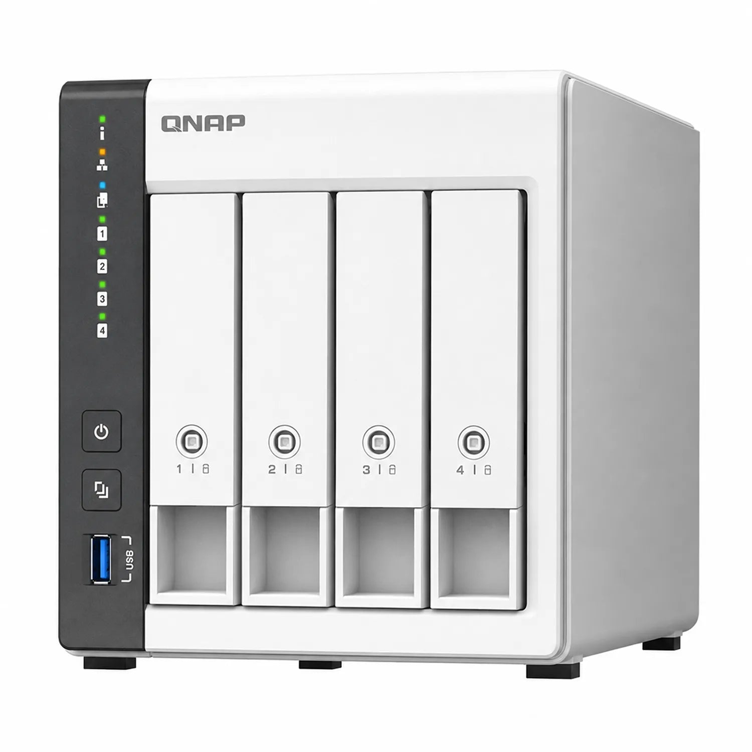 QNAP TS-433 Quad Core 4 Bay Network Attached Storage Enclosure in white, side view showing chassis design - tpstech.in